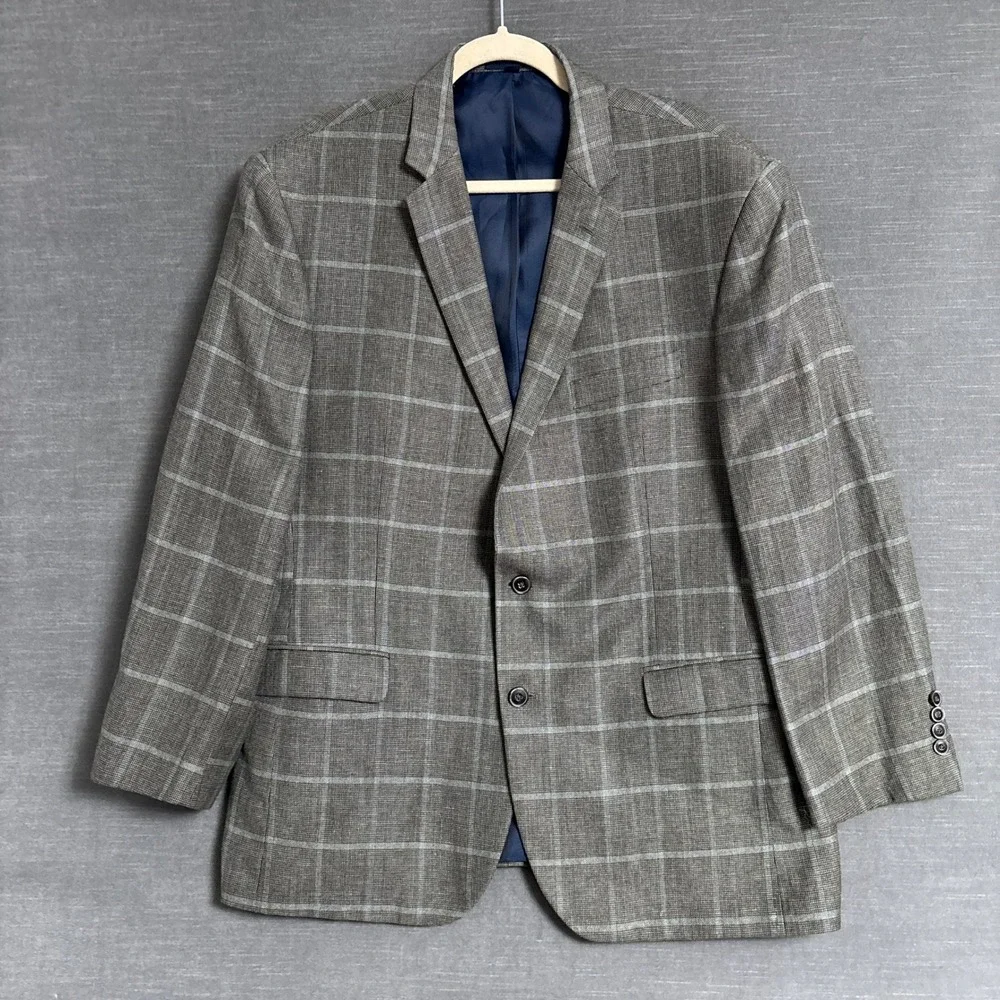 JS A Bank Sport Coat 46S Slim Fit Brown Plaid Windowpane Linen Wool Blazer